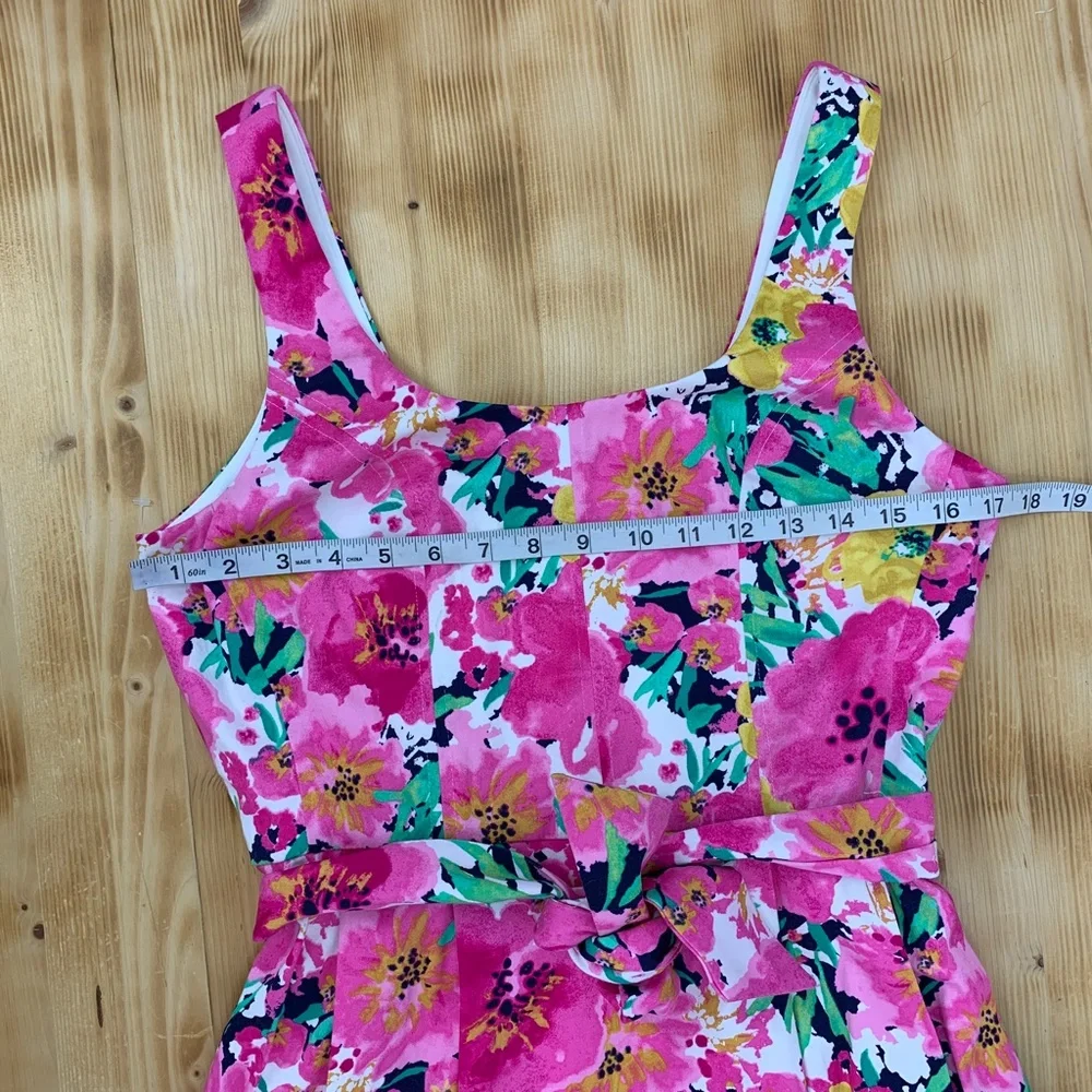 Ann Klein Bright Pink Floral Tie Belt Fit and Flare Dress Retro Style Sz 4